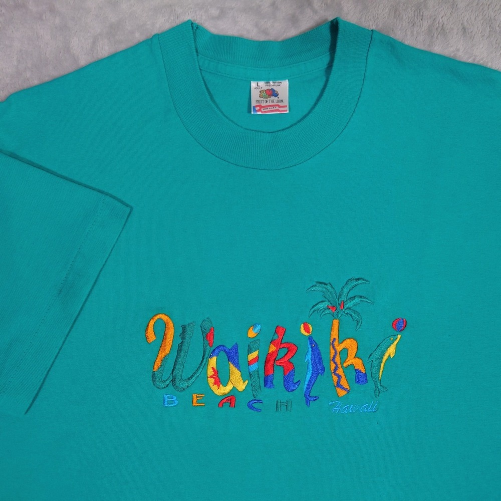 Vintage Fruit of the Loom Waikiki Beach Hawaii Teal Embroidered T-shirt L USA